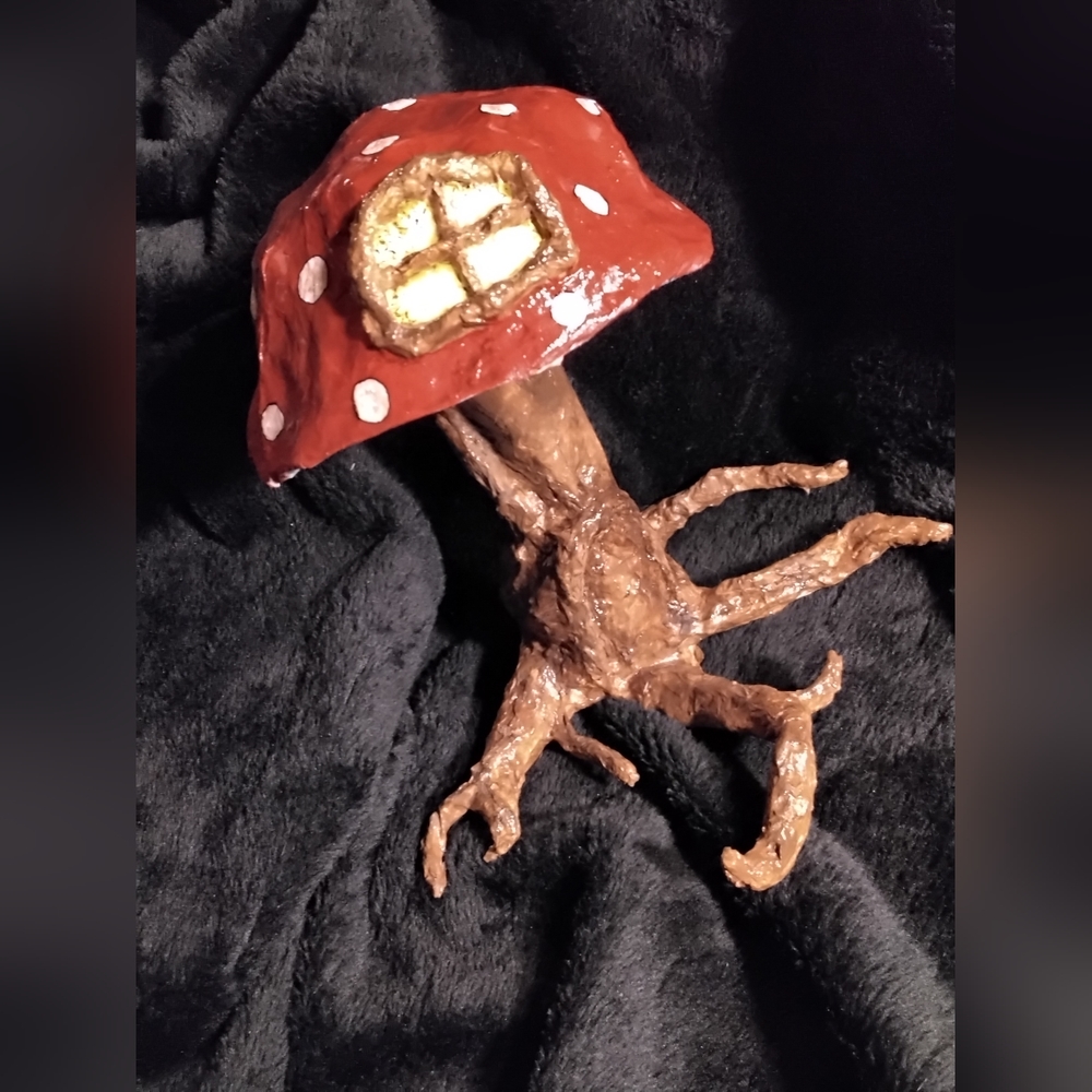 Paper mache tree with bright red mushroom cap..fairy house...